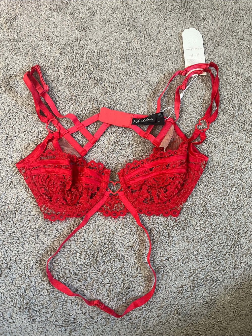 For Love and Lemons Intimates Rosa Red Lace Strappy Underwire Bra Hearts Sm NWT
